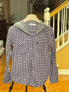 Abercrombie & Fitch Blue and Gray Gingham Hooded Button-Down Shirt